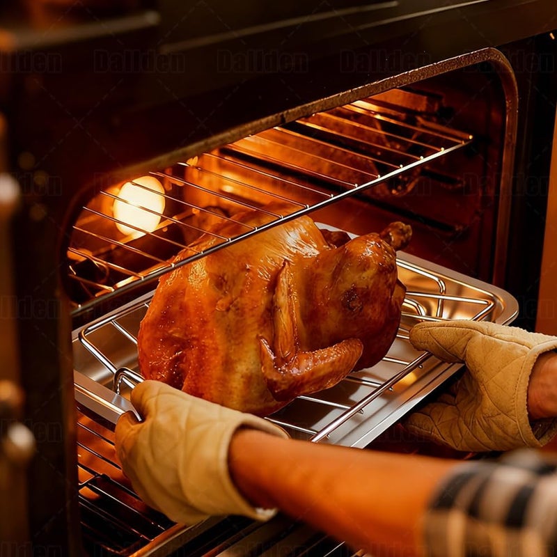 Dallden 15.5 Inch Turkey Roasting Pan with V-Rack, Stainless Steel Turkey Roaster Pan for Ovens, with V & Flat Rack Meat Claws Brush, Deep Broiling Pan for Turkey Chicken Ham - Image 5